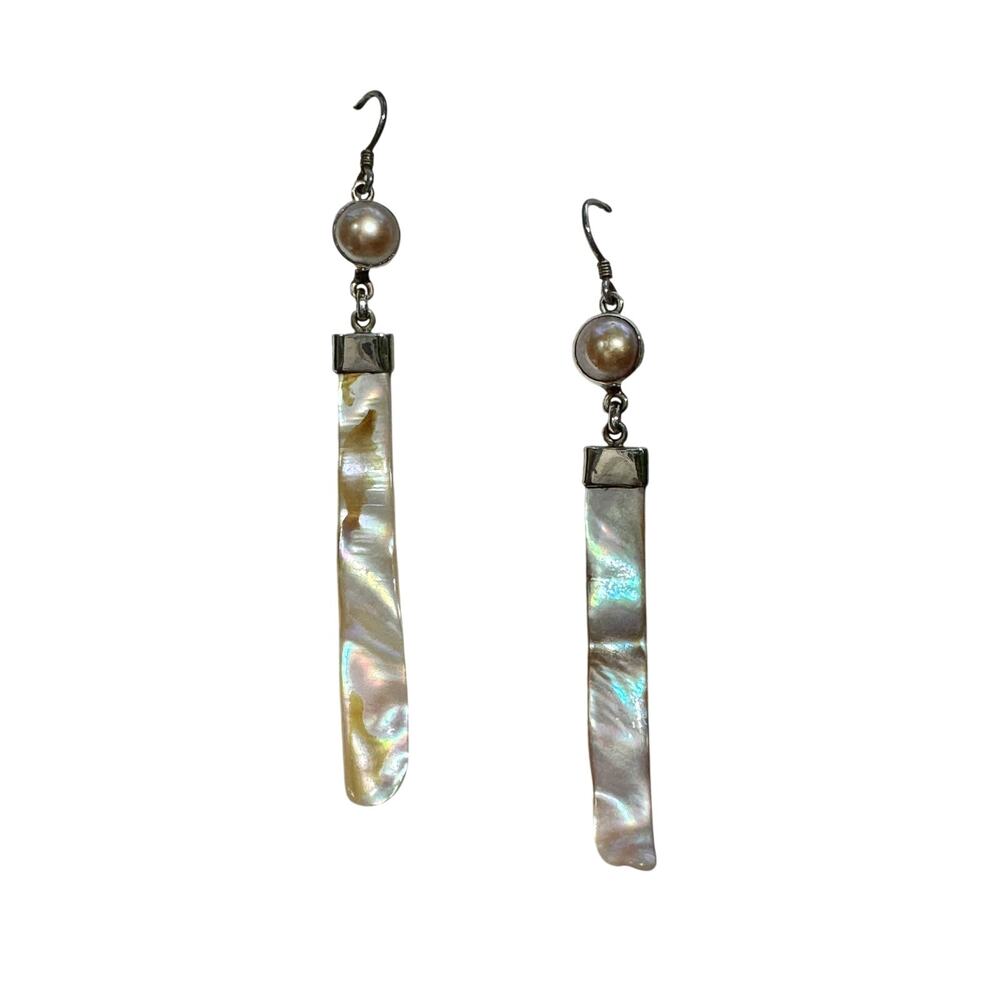Asymmetrical Mother of Pearl Sterling 925 Silver Dangle Drop Handmade Earrings